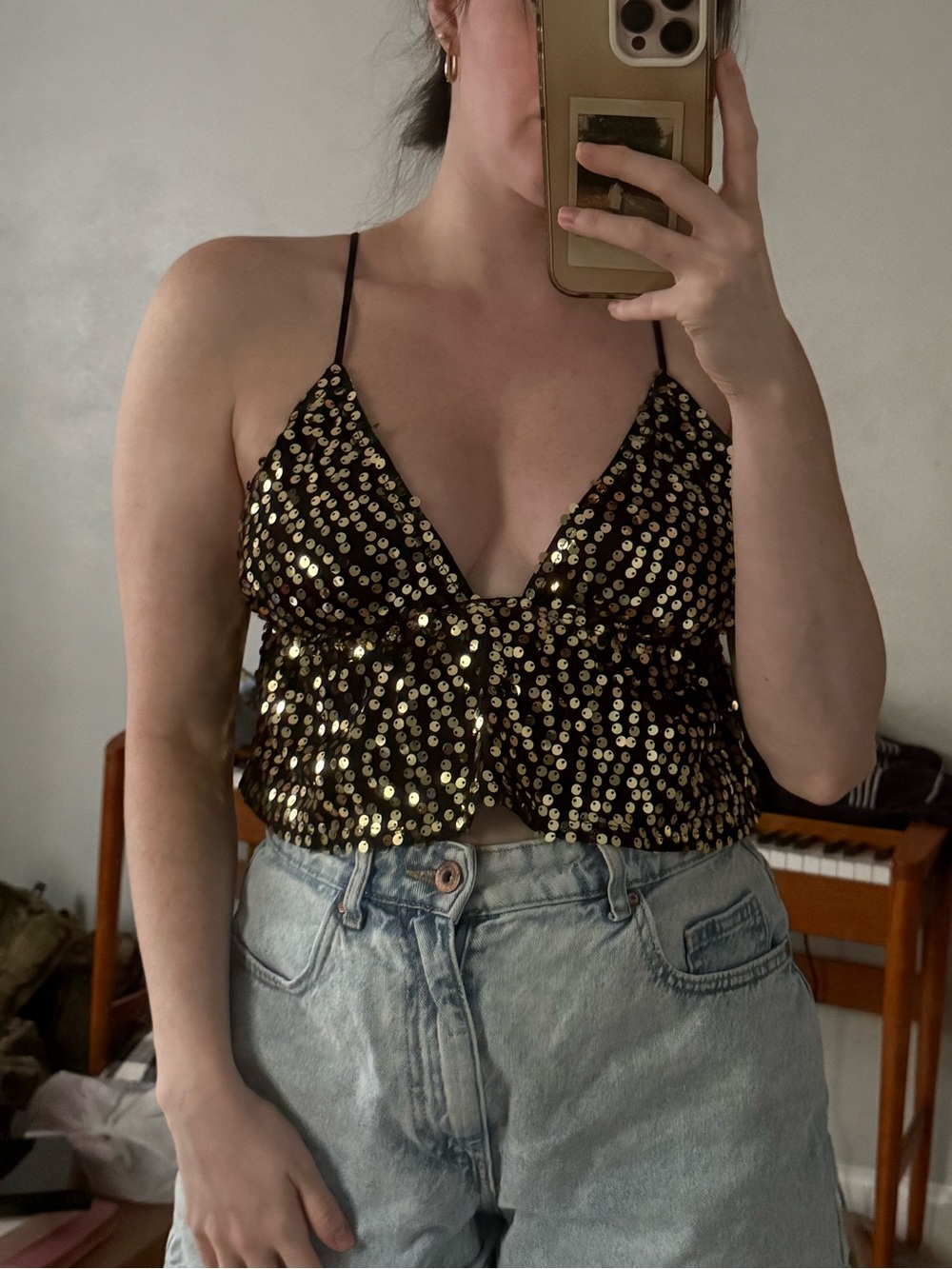 Sequin V-Neck Cami Tank Top - Black & Gold